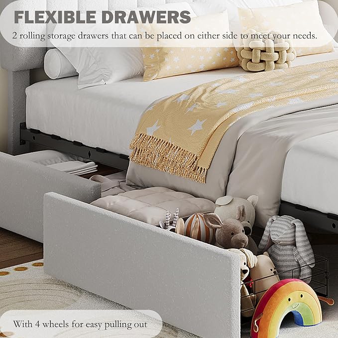IDEALHOUSE Twin Bed Frame for Kids, Boucle Upholstered Platform Bed for Boys/Girls with 2 Flexible Drawers, Bookcase Headboard, Noise-Free, Easy Assembly, No Box Spring Needed, Gray