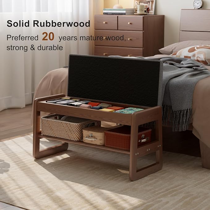 AQIMUELE Shoe Rack Bench,2 Tiers Shoe Bench with Storage with Flip-Top,Wood Shoe Rack for Entryway,Hallway（Walnut Upholstered Seat,11.8" D x 31.5" W x 15.7" H）
