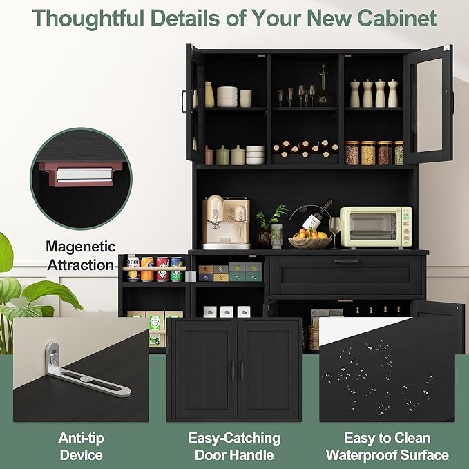 Shintenchi Kitchen Pantry Storage Cabinet, Freestanding Buffet Cabinet with Microwave Stand & 3 Door Shelves, Kitchen Hutch with Doors, Adjustable Shelves and Wine Rack, Black