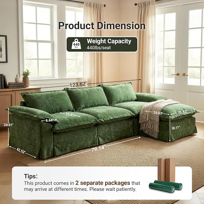 Claiks 123" Modular Boneless Couch, L Shaped Couch for Living Room, Modern Deep Seat Sofa 3 Seater Chenille Fabric Comfy Cloud Couches with Movable Ottoman, Dark Green
