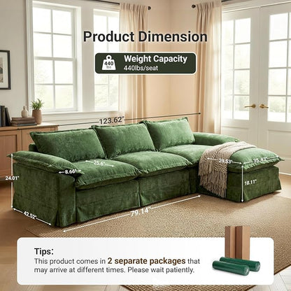 Claiks 123" Modular Boneless Couch, L Shaped Couch for Living Room, Modern Deep Seat Sofa 3 Seater Chenille Fabric Comfy Cloud Couches with Movable Ottoman, Dark Green