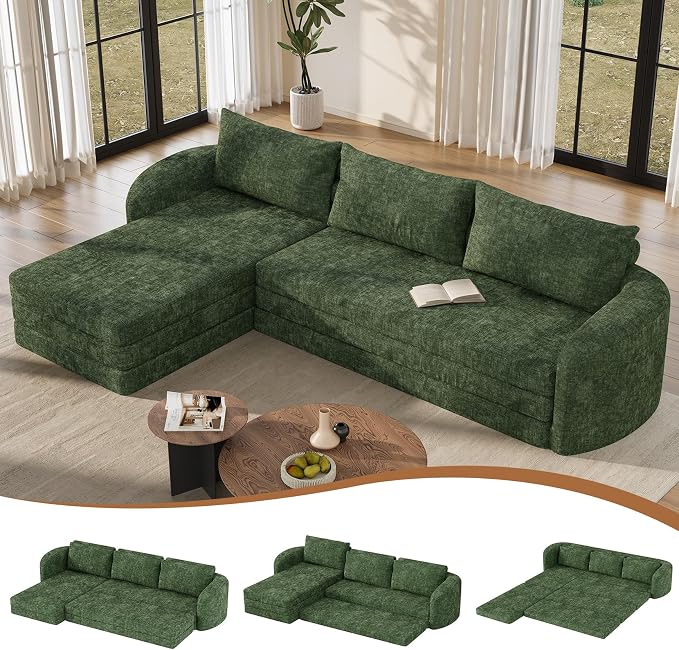 Vesgantti 110.2" Modular Sectional Sofa with Curved Armrest, 6 in 1 Convertible Folding Sleeper Sofa Bed, Chenille Boneless Couch for Living Room, No Assembly Required, Green, Left Facing Chaise