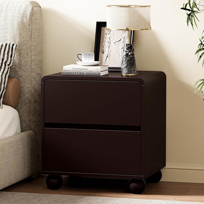 Furniway Brown Nightstand Set of 2, Modern 2 Drawer Bedside Table with Curved Profile Design and Handle-Free Drawers, Modern End Table with Storage for Bedroom