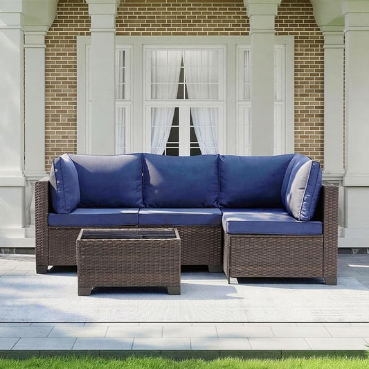 MOCHITO 5 Pieces Outdoor Patio Furniture Sets, All-Weather Sectional Sofa Dark Brown PE Rattan Wicker Conversation Set with Glass Table and Washable Blue Cushions for Backyard,Sunroom,Garden,Porch