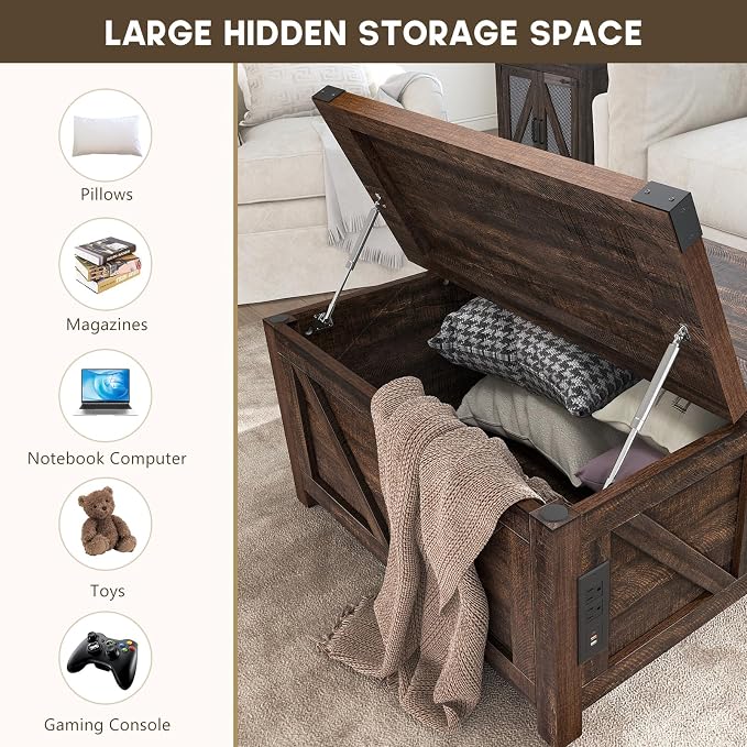 jimeimen Farmhouse Lift Top Coffee Table with Storage, Wood Square Center Table with Charging Station&USB Port, Living Room Table w/Large Hidden Space, for Living Room, Bedroom, Home Office, Brown