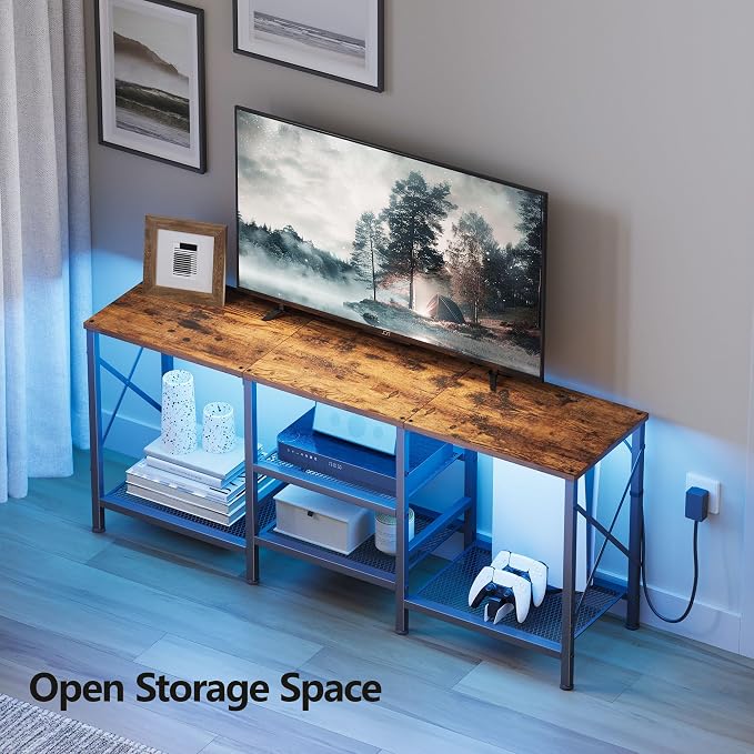 JARHETUN TV Stand with LED Lights for 55 Inch TV, Entertainment Center with 3-Tier Open Shelves, TV Console Table for Living Room, Bedroom, Rustic Brown