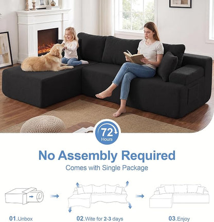 Hobestluk Modular Sectional Sofa Couches L-Shape Couch 3 Seat Modular Sofa Memory Foam Sectional Couches for Living Room, Cloud Couch with Oversized Chaise (Black Smooth, 108", Left Hand Facing)