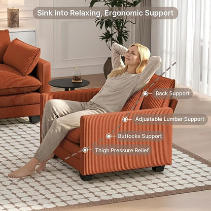 Gizoon Cloud Accent Chair with Washable Cover, Corduroy Single Sofa Chair with Comfy Deep Seat, Modern Armchair with Pillow for Living Room Bedroom, Orange