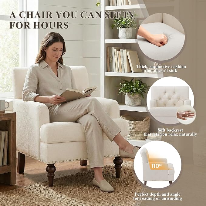 MALOL Upholstered Accent Chair Set of 2, Comfy Reading Chair for Living Room, Mid Century Modern Armchair with Thick Cushion & Solid Rubberwood Legs, for Bedroom/Small Spaces, Beige