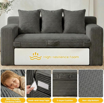 Boneless Couch,3 Seater Boneless Couch Bed – 3-in-1 Convertible Sleeper Sofa with Side Pockets & Handle,Pull Out Corduroy Futon for Small Space,Living Room & Bedroom, 3 Pillows Included,No Assembly