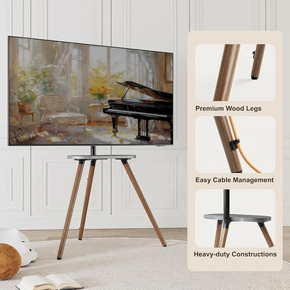 Tripod Easel TV Stand for 43–65 Inch TVs, Height Adjustable Swivel Floor Stand with Wood Shelf and Cable Management, VESA 400x400, Minimalist Black Walnut