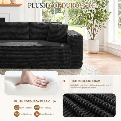 Vongrasig 103" Boneless Sectional Couches for Living Room, L-Shaped Chaise Modular Cloud Couch with Cup Holders on Armrests, Plush Corduroy Comfy Sofa with Memory Foam, No Assembly Required (Black)