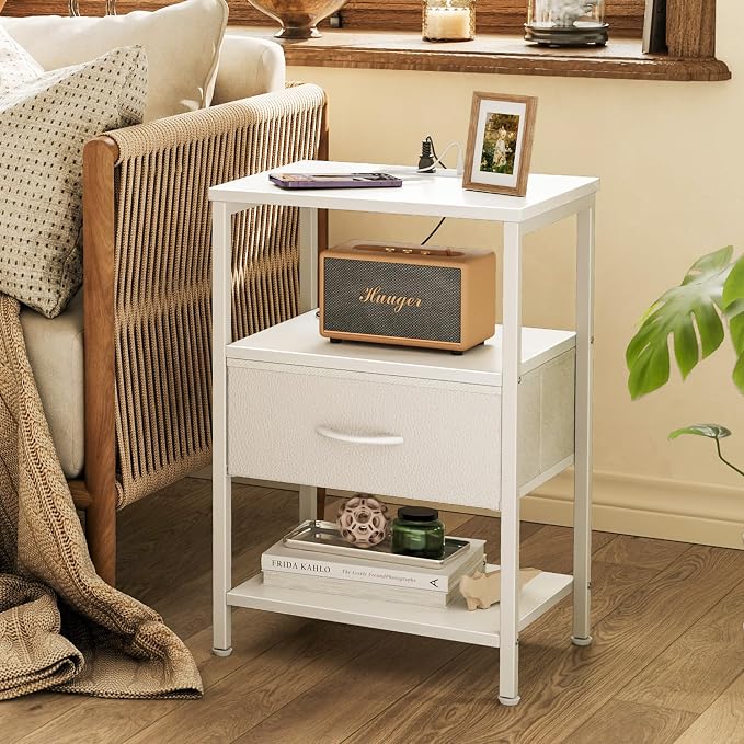 SUPERJARE Nightstand Set of 2, Bed Side Tables with Charging Station, Adjustable Fabric Drawer, Night Stand for Bedroom, 3-Tier Storage End Tables, White, 8694WC