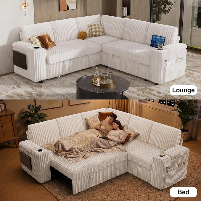 Vipbear 86" Modular Sectional Sleeper Sofa with Pull Out Bed, 5 Seat Plush Corduroy L Shaped Couch with Storage Seat|USB Ports|Cup Holders|Side Table|Storage Armrests, Tool Free Assembly, Beige