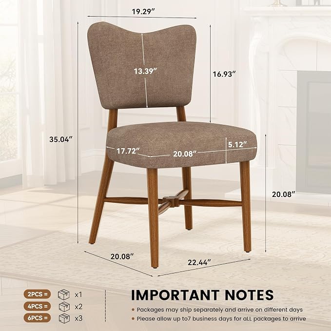 Farmhouse Dining Chairs Set of 2, Linen Seat, Wood Legs, Brown | Mid Century Modern, Upholstered Padded Cushion, Solid Wood Cross-Brace, Easy 15-Min Assembly, Kitchen Dining Room