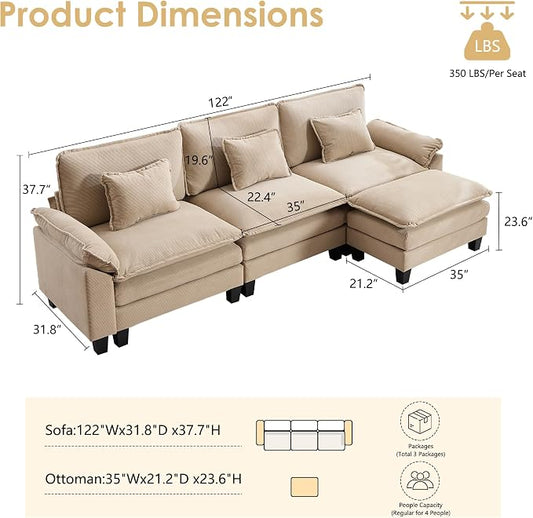 122" Corduroy Modular Sectional Sofa, Convertible L Shaped Modular Sofa Comfy Cloud Couch with Ottoman, Side Pockets and 3 Throw Pillows for Living Room, Kahki, 4 Seats