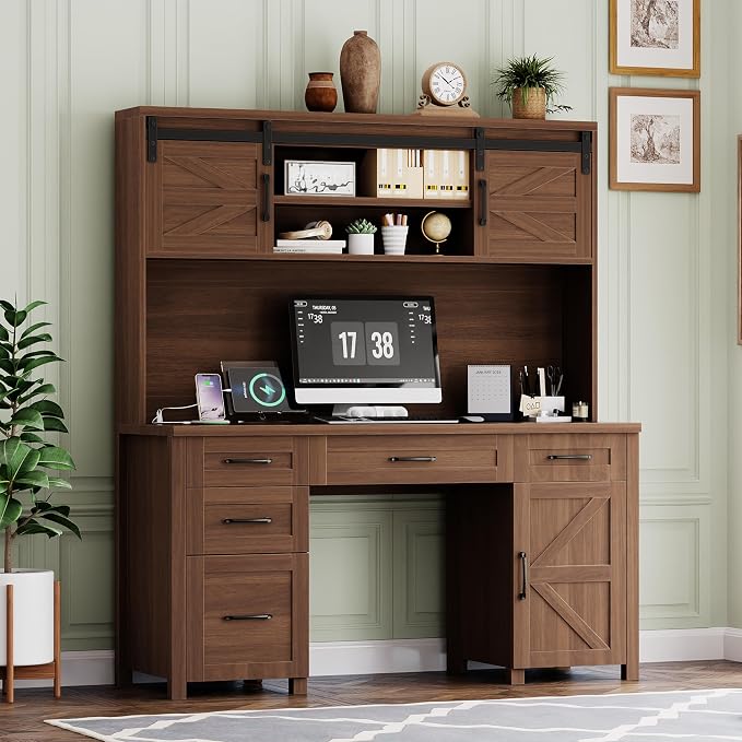 LUMISOL Farmhouse Executive Desk with Hutch and Charging Station, Computer Desk with 2 Sliding Barn Doors, 5 Drawers and Storage Cabinet with 3-Position Adjustable Shelf, Walnut