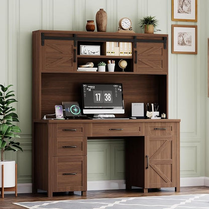 LUMISOL Farmhouse Executive Desk with Hutch and Charging Station, Computer Desk with 2 Sliding Barn Doors, 5 Drawers and Storage Cabinet with 3-Position Adjustable Shelf, Walnut