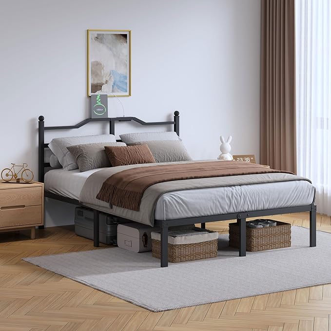 SHOANED Bed Frame with Charging Station - 14 Inch Queen Size Heavy Duty Metal Bedframe with Headboard Black Basic Steel Slats Platform No Box Spring Needed
