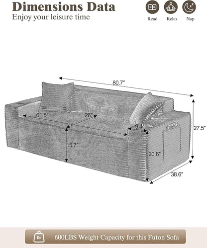 80.7" Boneless Sofa Couches with Cup Holder,3 Seat Couch with Side Pocket, Cloud Couch for Compact Living Rooms, Apartments (Deep Gray)