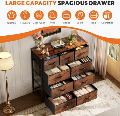 Sweetcrispy 9-Drawer Fabric Dresser Storage Tower with Wood Top and Steel Frame, Organizer Chest with Easy Pull Handles for Bedroom, Closet, Hallway,Distressed Brown