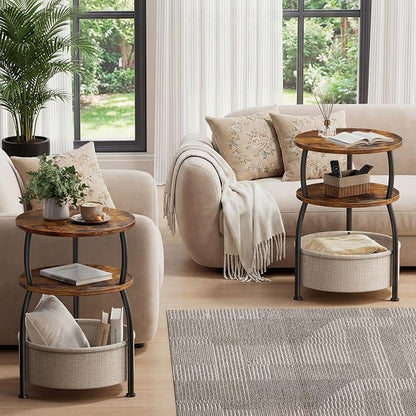 Round Side Table with Storage Basket for Living Room Rustic Brown | Small Table for Small Space 3-Tier Side Table for Bedroom, Garden, Sofa Couch Table Bedside Nightstand, Rustic Brown