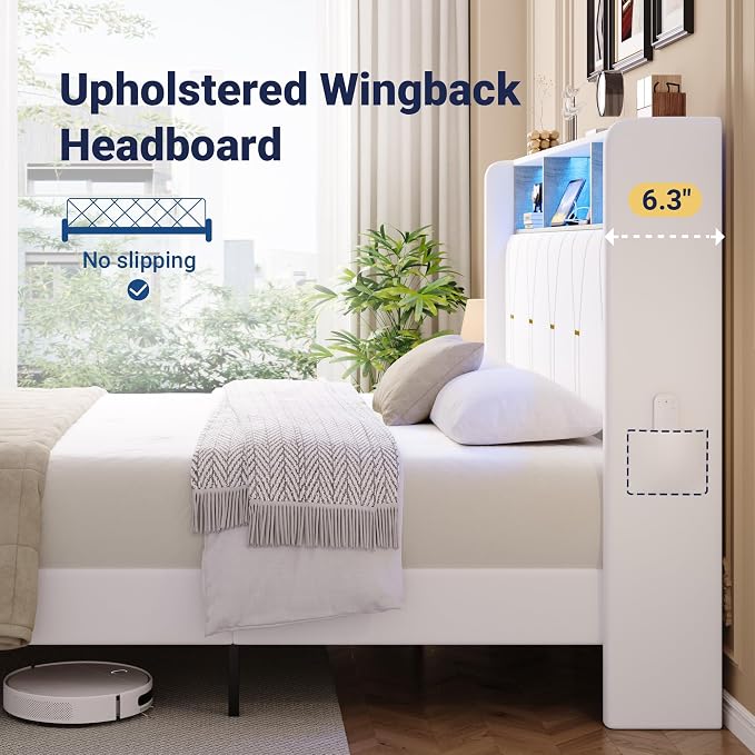 Allewie Full Bed Frame with 2-Tier Storage Headboard, Charging Station & LED Lights, Velvet Upholstered Platform Bed with 2 Drawers, Wingback Headboard, Gold Button Tufted, No Box Spring Needed, White