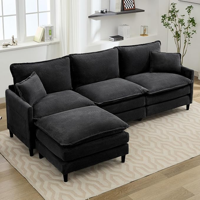 113" Chenille Modular Sectional Sofa, Convertible L Shaped Modular Sofa Comfy Cloud Couch with Ottoman, Side Pockets and 5 Throw Pillows for Living Room (Corduroy Black, 113'' - 4 Seat)