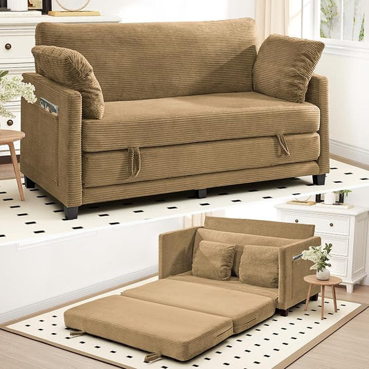 Myroyalsit 65" Convertible Loveseat Sofa Bed, 2-in-1 Folding Sofa Bed with 2 Pillow for Small Spaces, Modern Loveseat Sleeper Couch for Apartment, Living Room & Guest Room (Brown Corduroy, 65 inch)