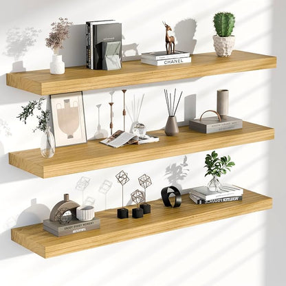 Floating Shelves - 48 Inch Long Premium Solid Wood Wall Shelves, Set of 3, Rustic Brown Modern Wall Mounted Shelves for Living Room, Bedroom, and Kitchen