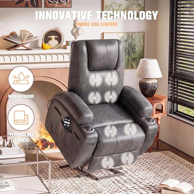 Flamaker Power Lift Recliner Chair Electric Lift Recliner for Elderly Power Lift Recliner Chair with Cup Holders Side Pockets for Living Room (Leathaire, Light Gray)