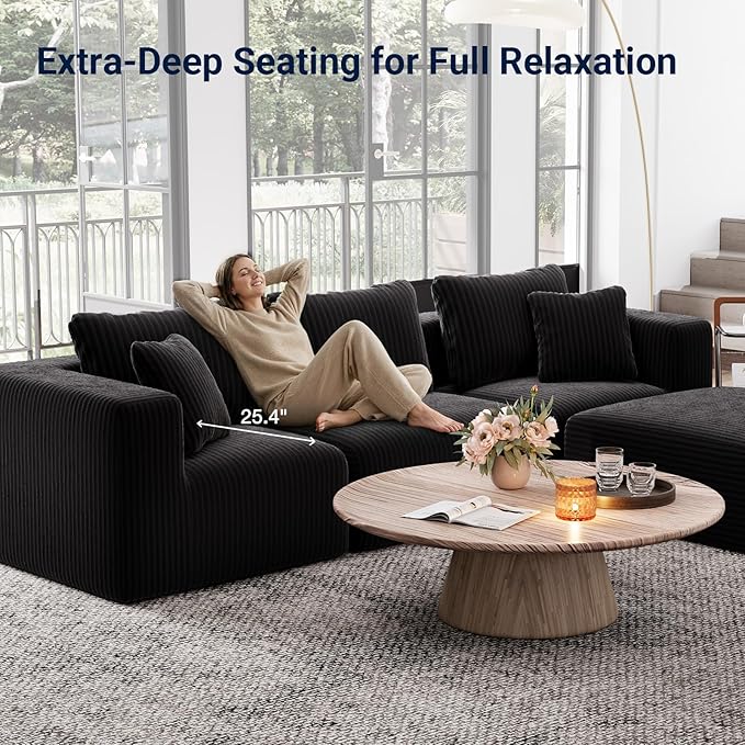 Avenco 71” 2-Seater Modular Loveseat Sofa Couch, Individually Wrapped Coil Support & Corduroy Fabric, Zero Assembly 2-Piece Set for Small Space, Black