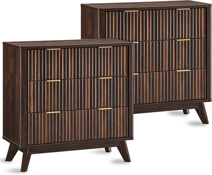 T4TREAM Fluted 3 Drawers Nightstand Set of 2, Oversized Extra Large Modern Side Table, End Table Bedside for Bedroom, Living Room, Curved Profile Design, Dark Walnut