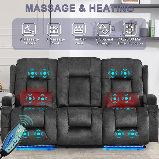 URRED Power Loveseat Recliner Sofa with Massage and Heat, Wall Hugger Reclining Loveseat with Console, RV Couch Home Theater Seating with LED Lights for Living Room (Brown, 76.8" - 3 Seats)