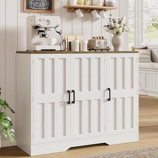 Modern Farmhouse Buffet Cabinet with Storage, 42" Large Sideboard Storage Cabinet with 3 Barn Doors, Coffee Liquor Bar Cabinet Wood Table Credenza with Adjustable Shelf for Kitchen Dining Living Room