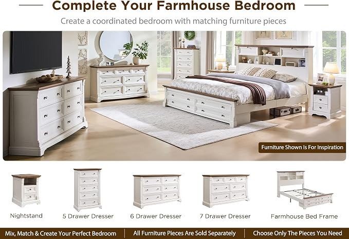 Farmhouse Queen Size Bed Frame with 54" Tall Storage Bookcase Headboard, Wood Platform Bed Frame with 2 Drawers & 18" Tall Roman Column Decoration Footboard, No Box Spring Needed(Antique White)