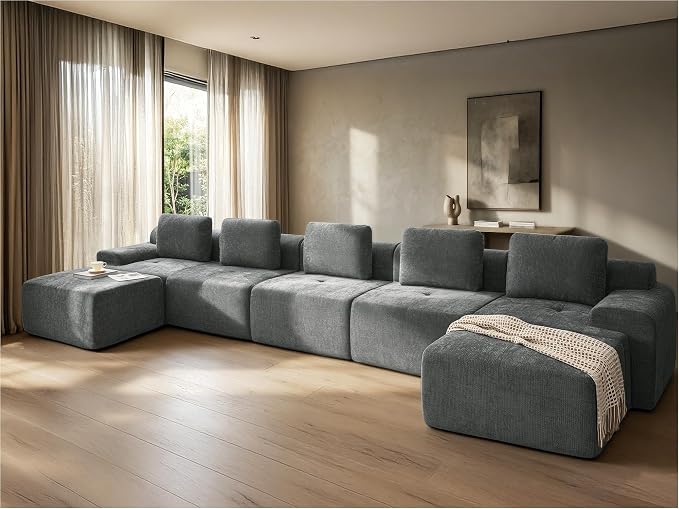 196" U Shaped Oversized Boneless Couch, Comfort Cloud Sectional Couches for Living Room, Modular Sofa High Back & Extra Deep Seat, No Assembly, Soft Chenille (Dark Grey, 196 inch-U shaped（5+2）)