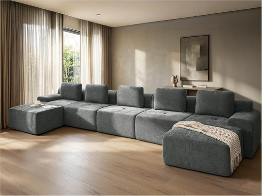 196" U Shaped Oversized Boneless Couch, Comfort Cloud Sectional Couches for Living Room, Modular Sofa High Back & Extra Deep Seat, No Assembly, Soft Chenille (Dark Grey, 196 inch-U shaped（5+2）)