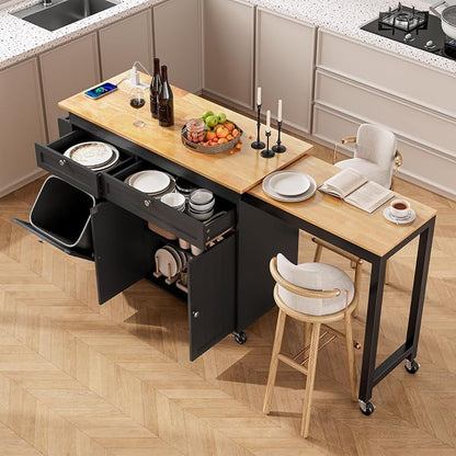 ONBRILL Kitchen Islands with Extendable Dining Table, 81.7" Mobile Kitchen Storage Islands, Rolling Kitchen Cart with Trash Cabinet, Power Outlet, Spice Rack & Towel Rack, Black