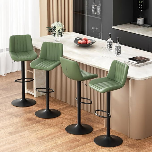 JAMFLY Modern Leather Bar Stools – Swivel & Height-Adjustable Bar Chairs with Footrest, Ergonomic Design for Kitchen Island, Home & Commercial Bar – Set of 4, Green