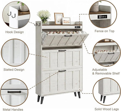 ChooChoo Shoe Storage Cabinet with 3 Flip Drawers, Deodorizing Shoe Organizer Storage for Entryway, Freestanding Hidden Slim Narrow Shoe Rack Cabinet, Antique White & Brown