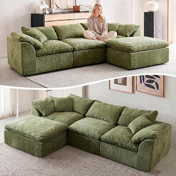 110" Boneless Cloud Couch Sectional for Living Room, Oversized Modular L Shaped Sofa with Ottoman, Deep Seat Chenille Sectional Couch for Cloud-Like Comfort (OliveGreen)