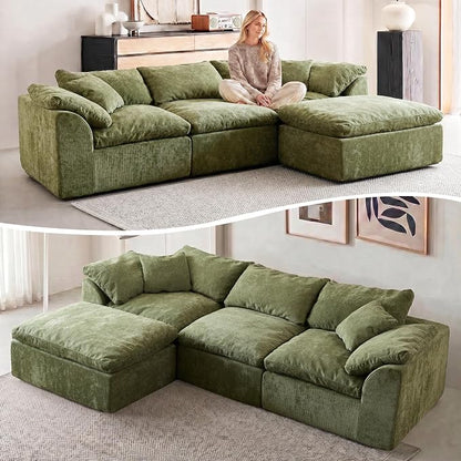 110" Boneless Cloud Couch Sectional for Living Room, Oversized Modular L Shaped Sofa with Ottoman, Deep Seat Chenille Sectional Couch for Cloud-Like Comfort (OliveGreen)