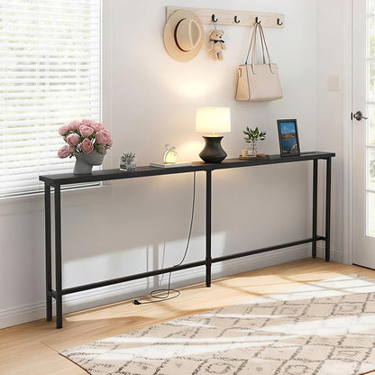 GRLEAF 78" Sofa Table with Built-in Power Strip (2 AC Outlets & 2 USB Ports) – 4.9ft Power Cord, Metal Frame, Easy Assembly, Long Couch Table Behind Sofa, Hallway, Living Room and Home Office | Black