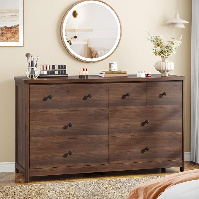 Vabches Kids Dresser Cabinet with 8 Drawers, Changing Table for Nursery with Open Shelves, Multi-Functional Chest of Drawers, Kids Bedroom Furniture, Nightstand for Children's Room, Walnut