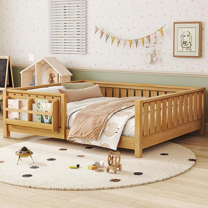 Bellemave Queen Size Montessori Floor Bed with Slats and Fence, Queen Size Montessori Bed with Rails and Bookcase, Easy Assemble Floor Beds Frame,Deep Natural