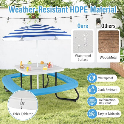 KOTEK 8-Person Kids Picnic Table, Toddler Activity Table with Removable Umbrella, 4 Built-in Benches, HDPE Top & Metal Frame, Kids Outdoor Table for Patio Garden Backyard (White+Blue)