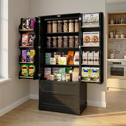 Gizoon 72" Tall Kitchen Pantry Cabinet with Drawers for Dining Room, Food Pantry Storage Cabinet with 8 Doors Shelves for Snack and Spice, Large Craft Storage Cabinet for Craft Room, Black, Painted
