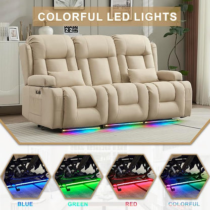 URRED Power Loveseat Recliner Sofa with Massage and Heat, Wall Hugger Reclining Loveseat with Console, RV Couch Home Theater Seating with LED Lights for Living Room (Beige, 76.8" - 3 Seats)