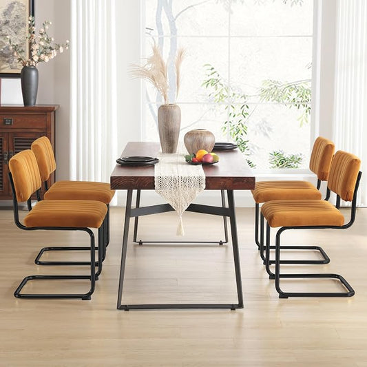 ONEVOG Velvet Dining Chairs Set of 4, Upholstered Kitchen Dining Room Chairs with Striped Open Back, Comfy Orange Chair Armless, Dinner Chair for Party, Black Chrome Metal Legs